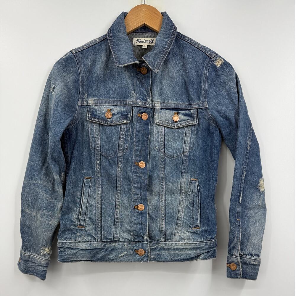 Madewell The Jean Jacket Womens in Ellery‎ Blue Wash Distressed Pockets Size S
